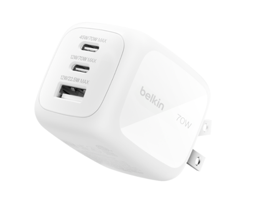 Belkin - 3-Port GaN Wall Charger 70W, USB-C and USB-A ports, charge smartphone, laptop, earbuds, Apple Watch or tablet - White