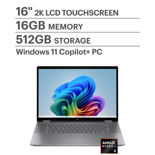 HP - OmniBook X Flip 2-in-1 - Copilot+ PC - 16" 2K Touch-Screen Laptop - AMD Ryzen AI 5 - 16GB Memory - 512GB SSD - Meteor Silver