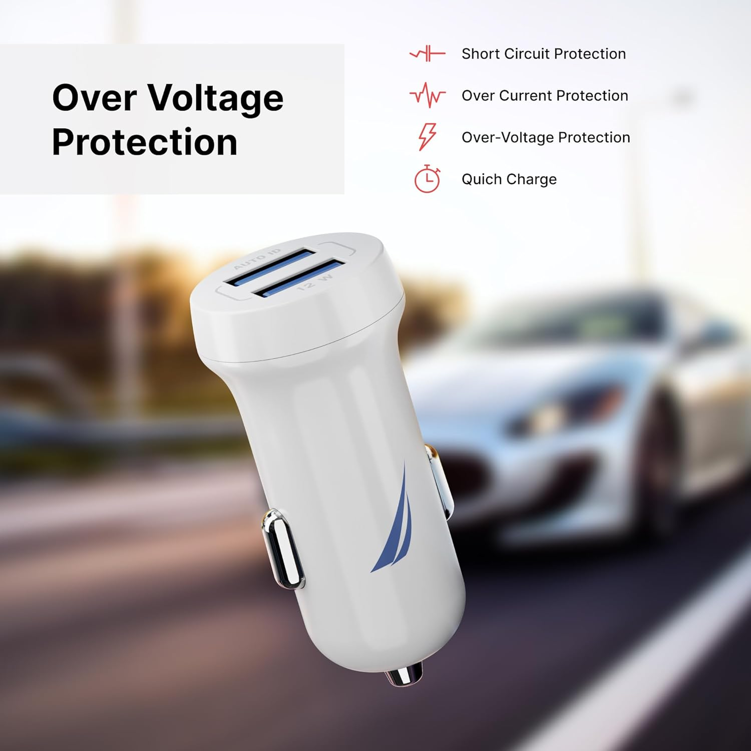 Nautica Dual Port Car Charger, 12W Output, 2X USB-A Port, Quick Charge, Compatible with Iphone, Android Phones, Tablets, Powerbanks (White) - Image 5