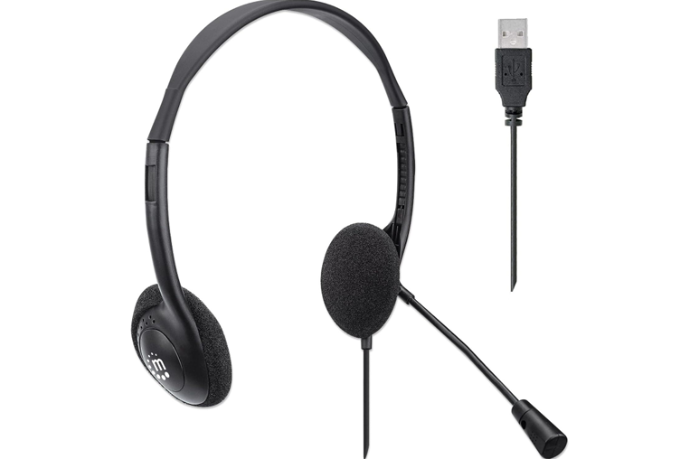 MANHATTAN USB Headset with Mic & Long 5 ft Cable, flexible boom mi