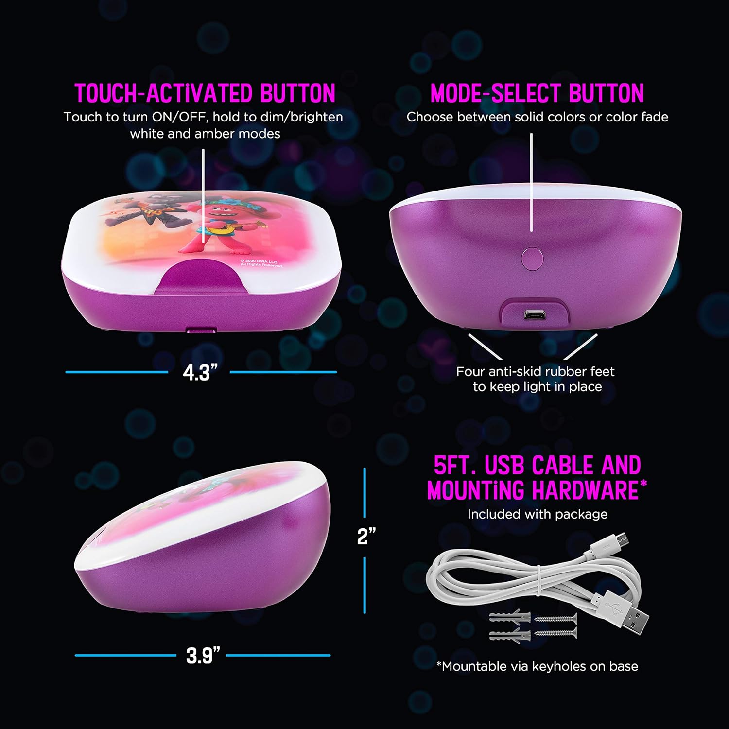 Trolls 2 LED Tabletop Sleep Lite, Color Select, Battery or USB Power, 5ft Cable - Image 2